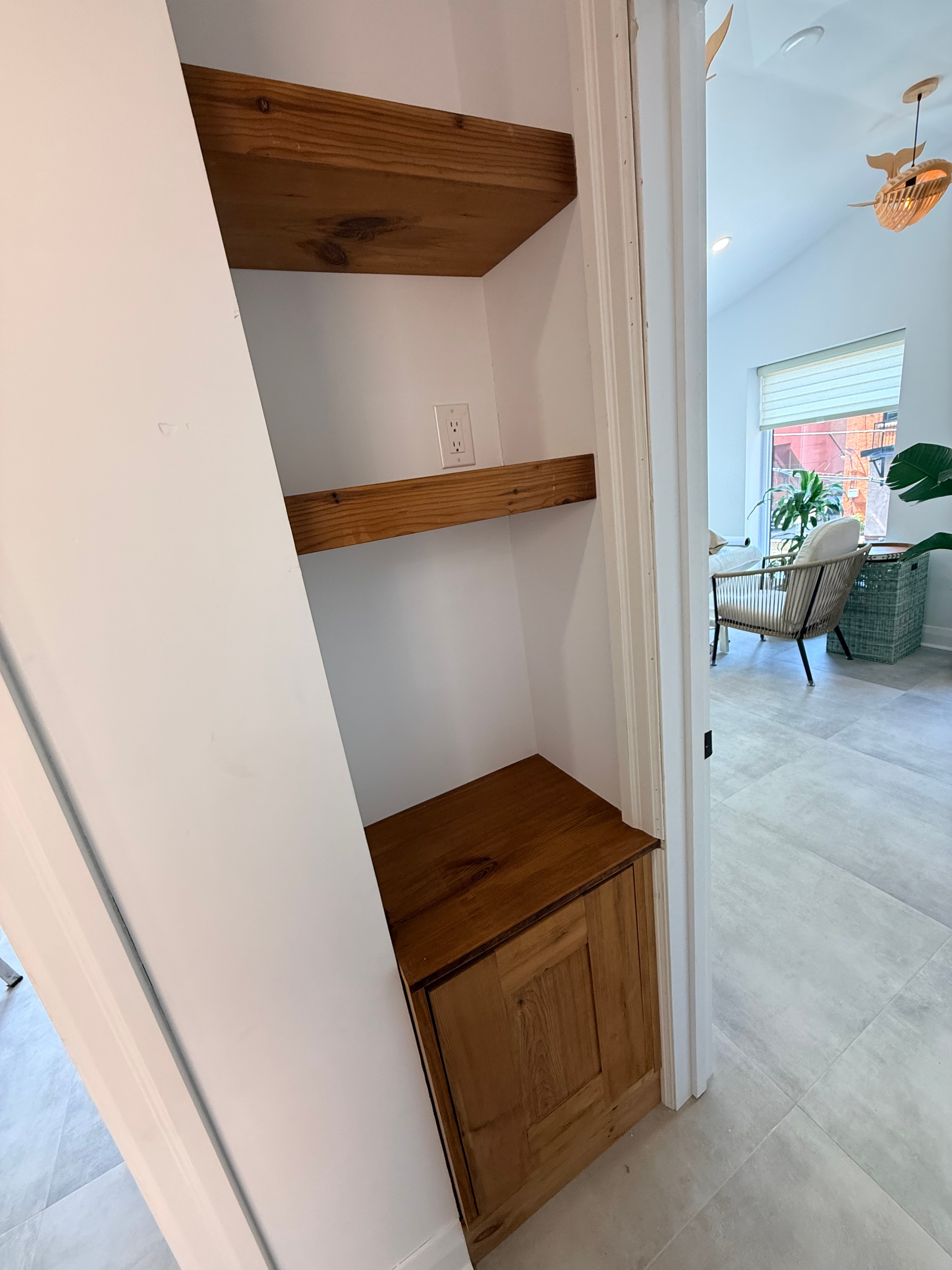 Cabinetry and exposed beam installation